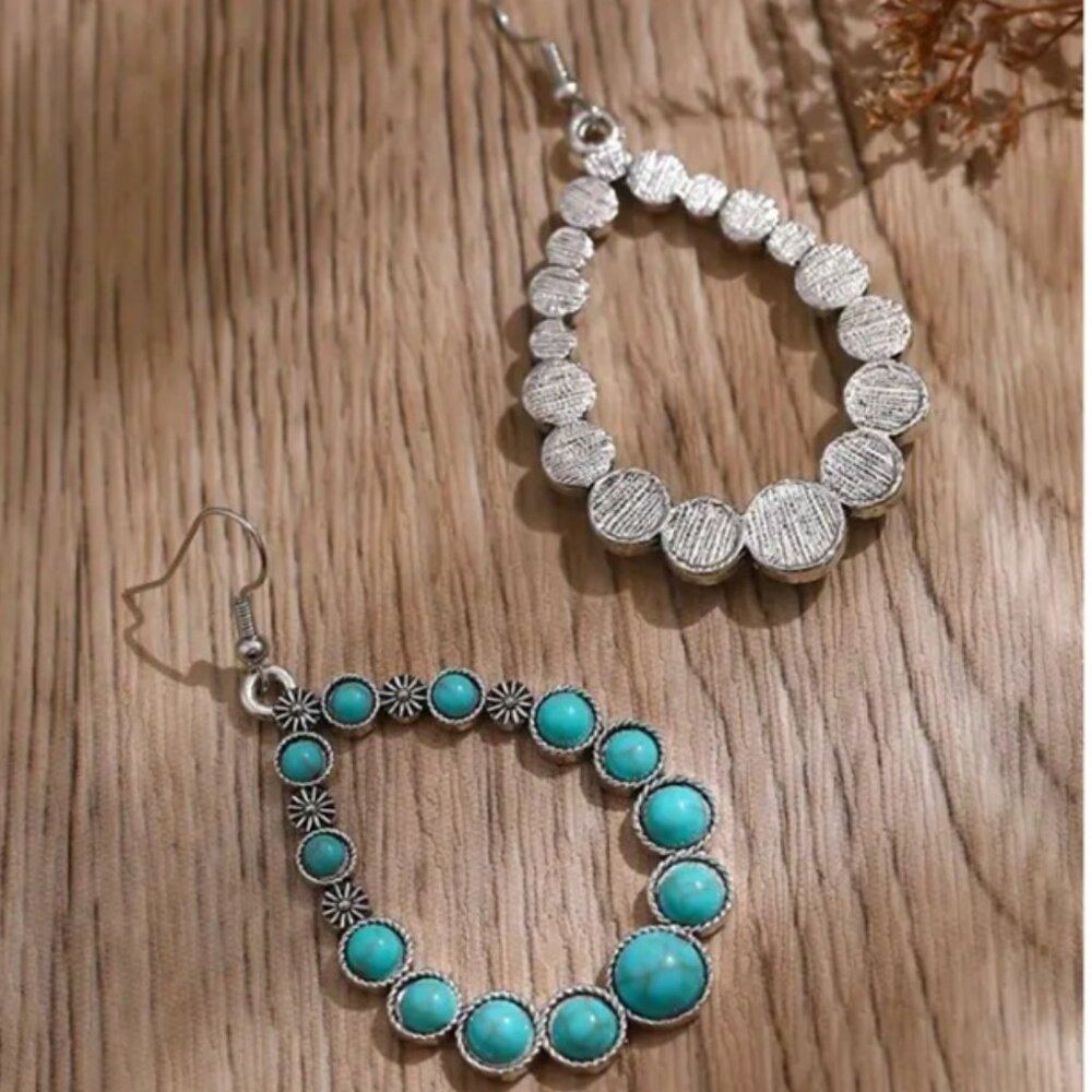 Bohemian Teardrop Earrings - Synthetic Turquoise & Electro-Plated White Gold - Picture 3 of 3
